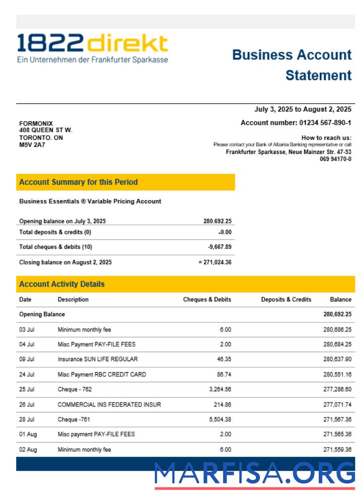 Blank 1822direkt bank enterprise account statement Word and PDF template